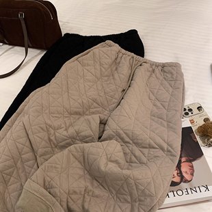 小众时髦加厚保暖高腰阔腿裤 女冬季 菱格夹棉休闲卫裤 美式