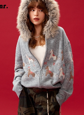 MLMR2026马年限定百搭可拆卸毛领连帽小马图案针织开衫费尔岛男女