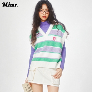 MLMR秋装新多巴胺穿搭女条纹针织衫背心甜辣小上衣糖果色毛衣马甲