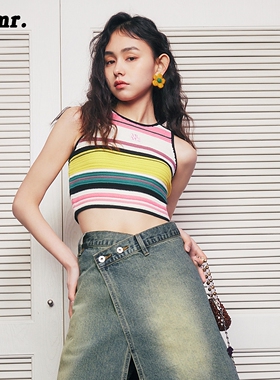 MLMR彩糖背心编织外穿多巴胺泰式甜辣吊带条纹针织女装辣妹酷