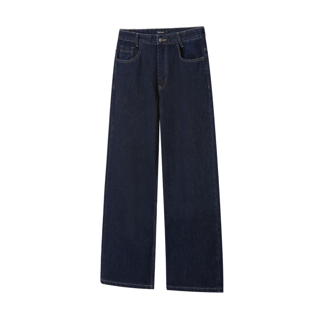 深蓝色原牛水洗直筒阔腿A字裤