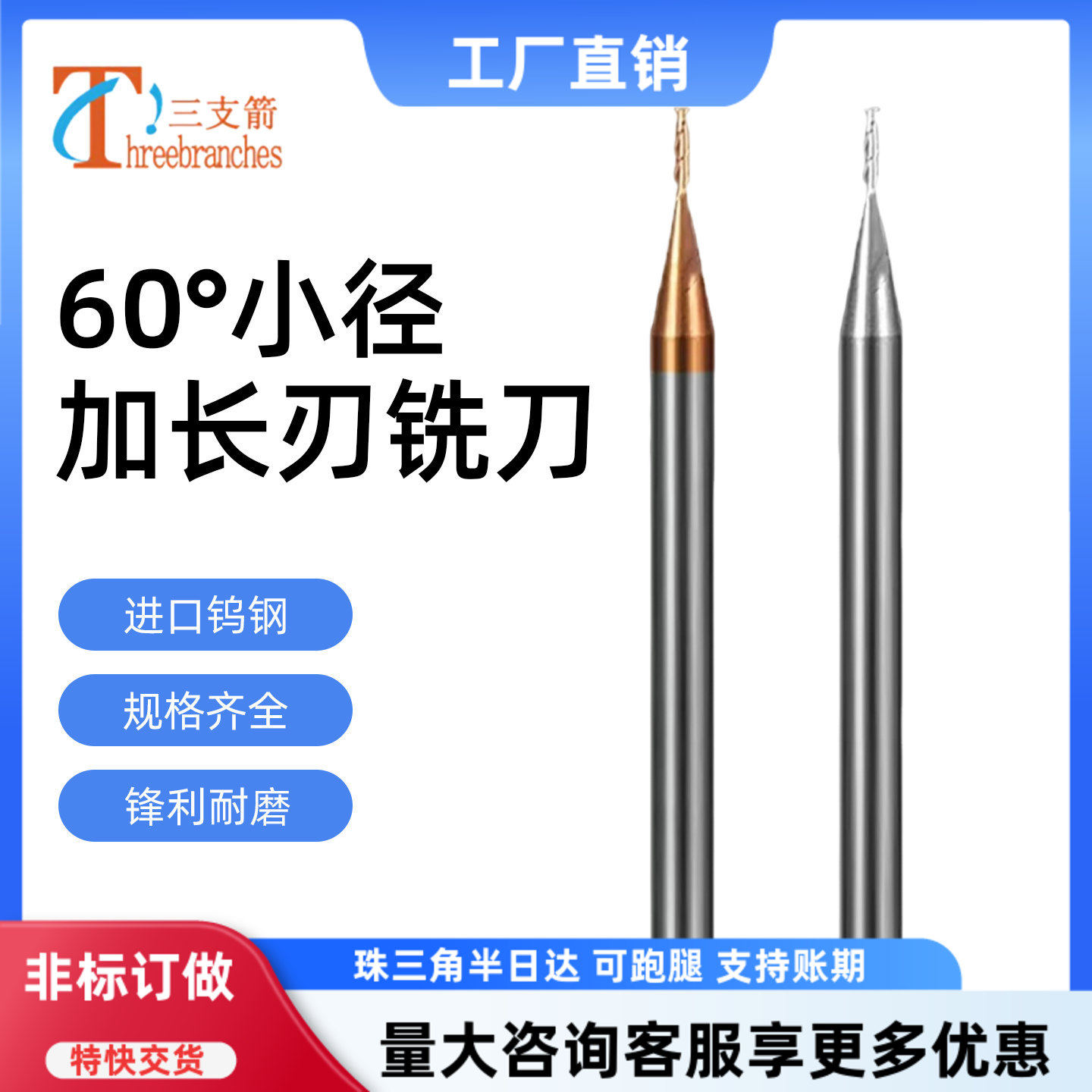 60度微小径加长刃涂层立铣刀2刃