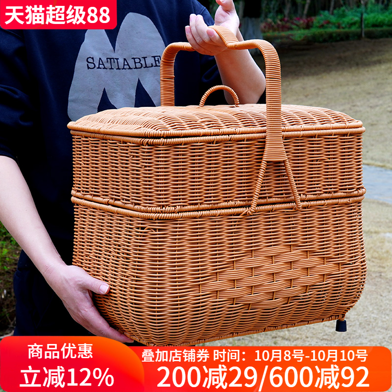 两层拜财神篮拜拜手提篮子仿藤编