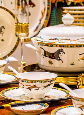 高档碗碟套装家用欧式2025新款马到成功骨瓷餐具陶瓷碗盘组合送礼