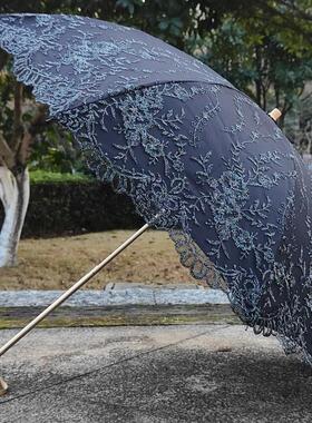 覆古高档黑色蕾丝银线 线刺绣遮阳伞黑胶抗UV遮阳晴雨两用洋伞