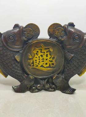 纯黄铜招财进宝鱼摆件 黄铜仿紫铜鎏金复古居家装饰工艺