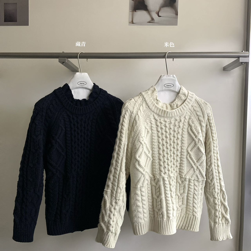 Aurora-冬上新重工双层领麻花毛保暖毛衣1999-1