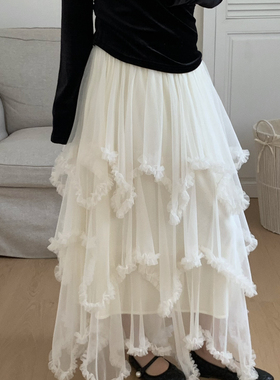 Flower & April-女新款气质木耳边拼接飘逸纱裙a字半身裙160960