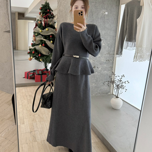 唯一家 配腰带 韩风气质针织衫 百搭针织半身裙套装 509 甲