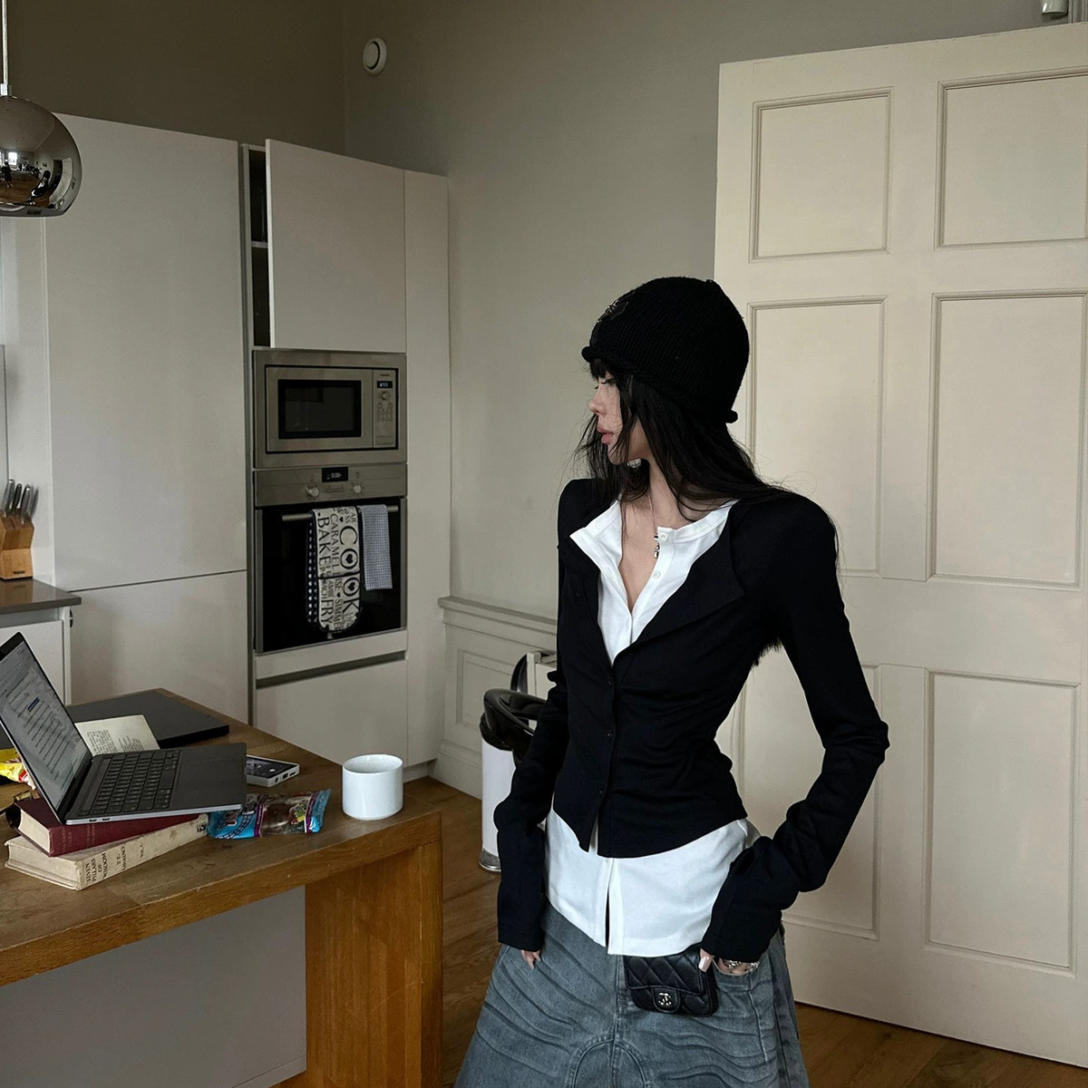 Simida斯密达-上新美式极简撞色假两件长袖加绒上衣打底衫M8196#