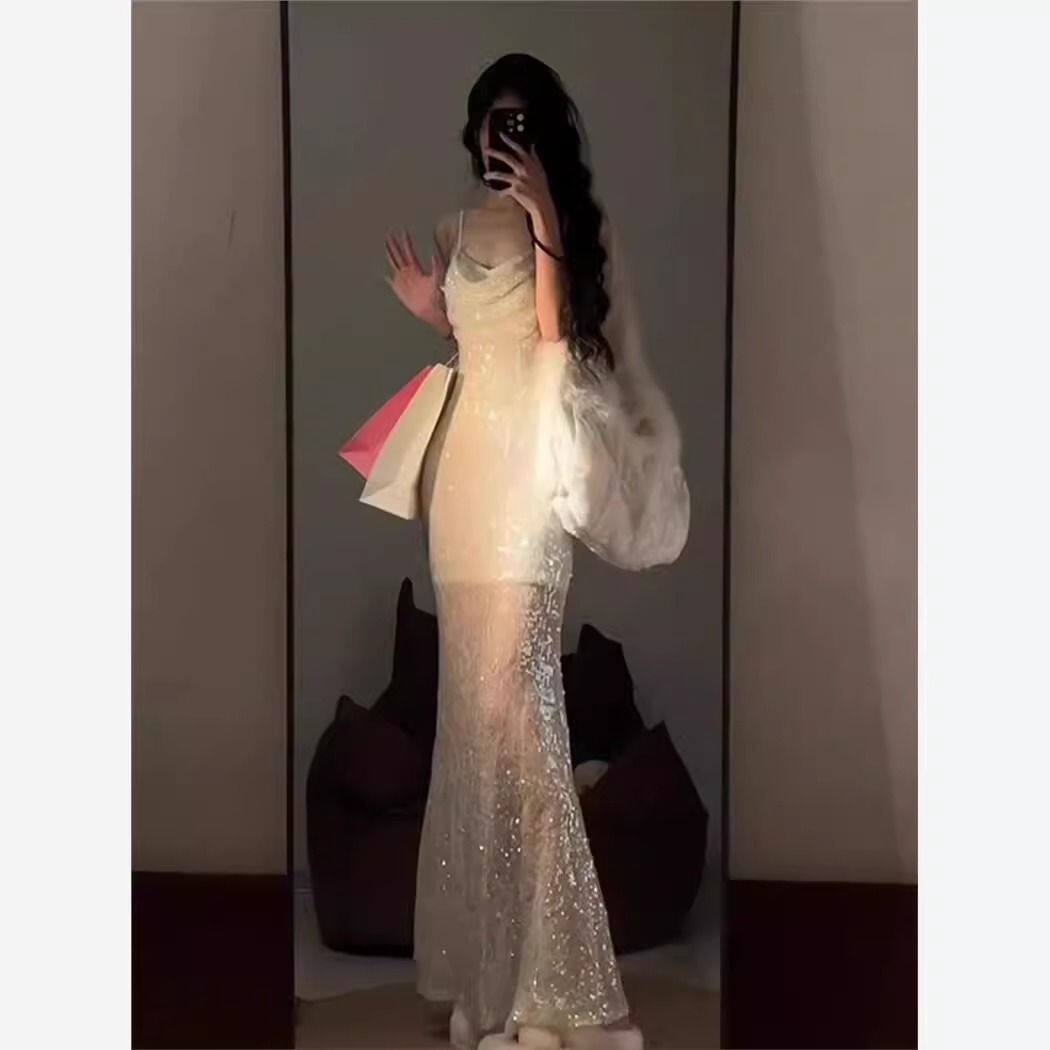 夏季轻奢高级生日礼服法式绝美显瘦御姐宴会亮片鱼尾吊带连衣裙女