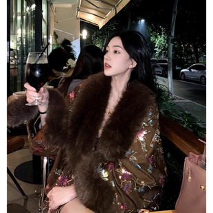 新中式 国风重工印花仿皮草拼接棉服外套 时尚 新款 露华胭脂 冬季