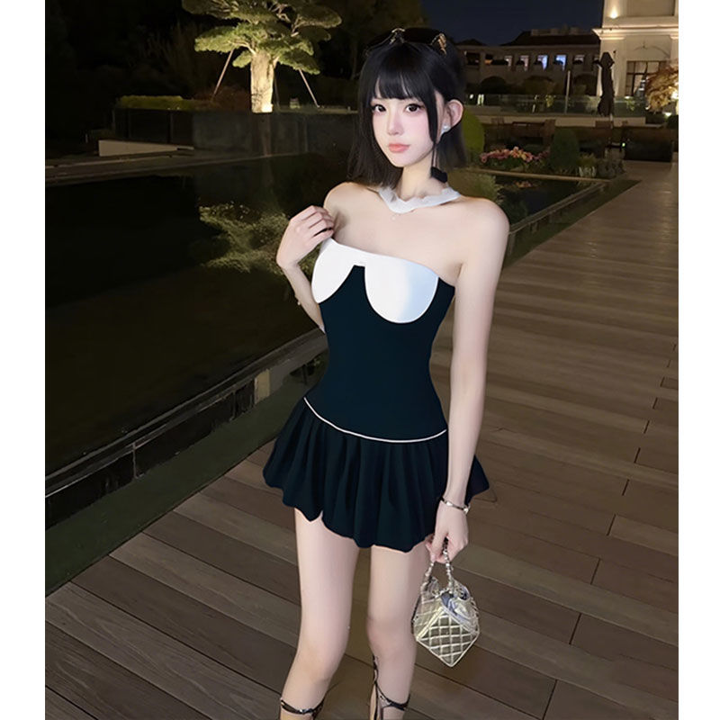 黑色一字肩抹胸连衣裙女夏季高冷气质千金辣妹性感轻奢纯欲短裙子