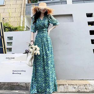 加长连衣裙2025夏装新款雪纺碎花收腰显瘦温柔飘逸度假风超长裙仙