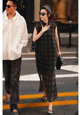 黑色无袖印花连衣裙子女