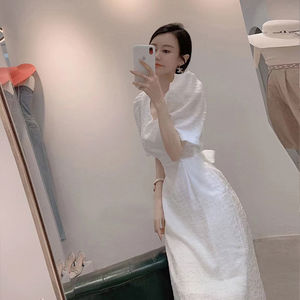 白色轻熟风连衣裙女中长款v领收腰显瘦气质法式裙子