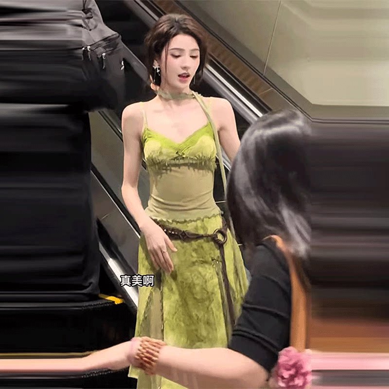 超仙性感绿色扎染提花手工串珠复古吊带中长裙套装