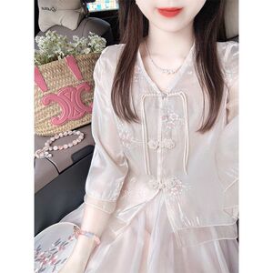 新中式国风女装轻奢高级感气质粉色刺绣防晒衬衫半身裙套装女夏季