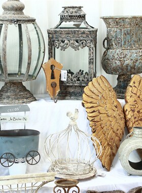 美式欧式家居饰品庭院装饰铁艺仿古做旧摆件烛R台奖杯花盆墙上挂