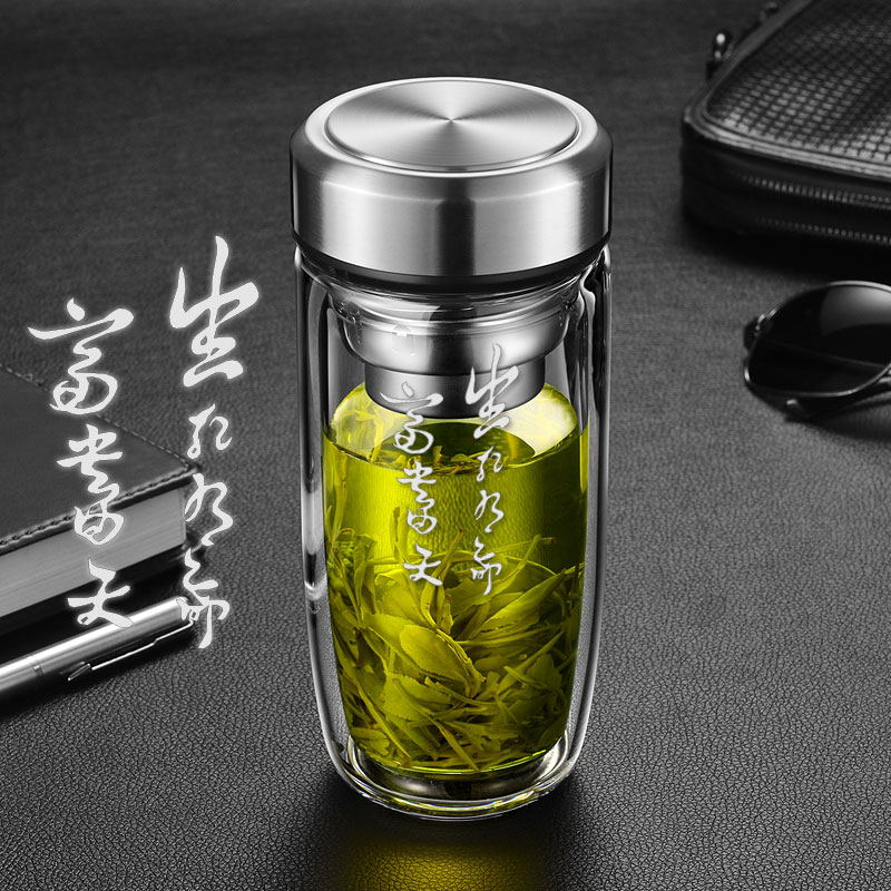 双层透明玻璃杯男l大容量耐高温便携家用水杯加厚茶水分离泡茶杯