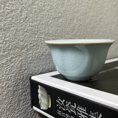 非遗手工窑口朱家汝窑主人杯单杯品G茗杯天青釉开片汝瓷葵口茶杯