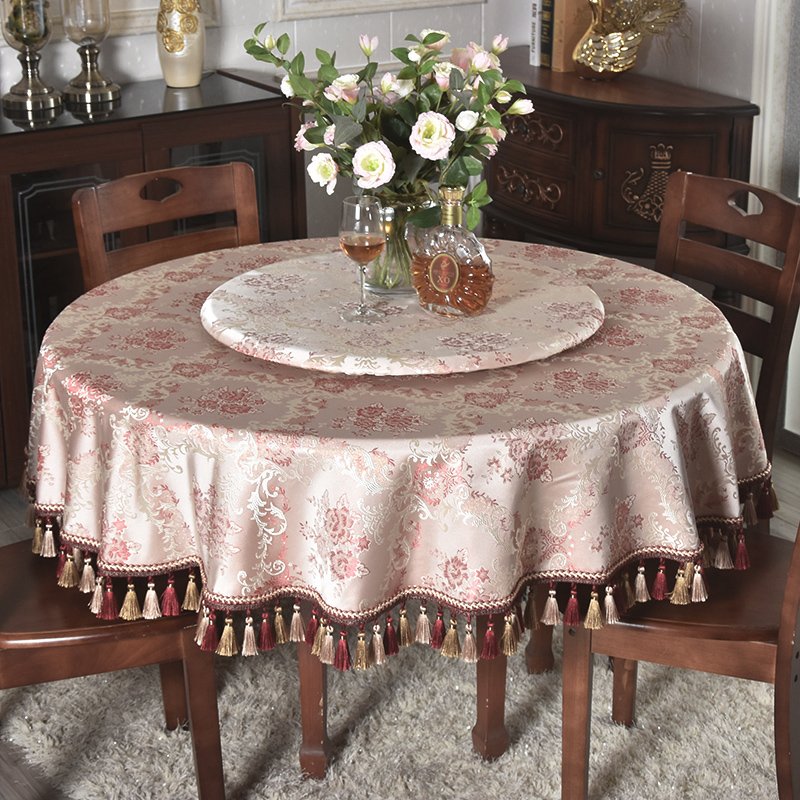 欧式高档轻奢红色婚庆大圆桌红木桌子桌布转N盘餐桌布艺圆形台布