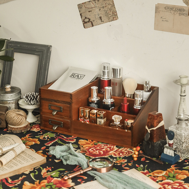 化妆品收纳盒复古木质小抽屉式梳妆台桌面置物架T护肤品分隔整理