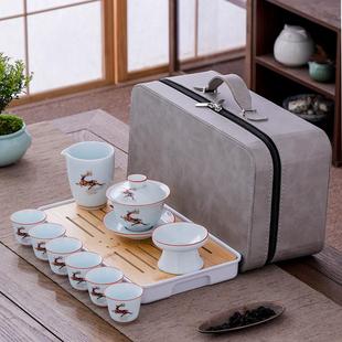 盖碗茶杯户外家用便携收纳包竹制茶盘 高档影青功夫旅行茶具套装