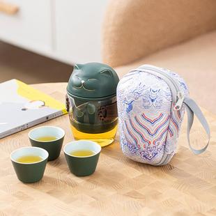 组合小套便携包式 玻璃旅行茶具套装 一壶三杯茶壶随行快客杯茶杯