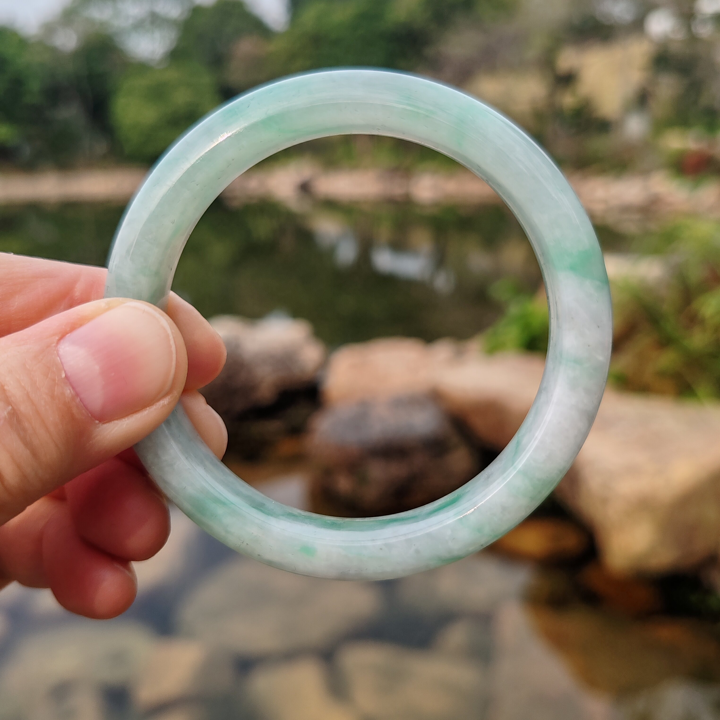 54圈缅甸细糯种飘绿花翡翠A货手镯老坑正品阳绿玉手镯送女友妈妈