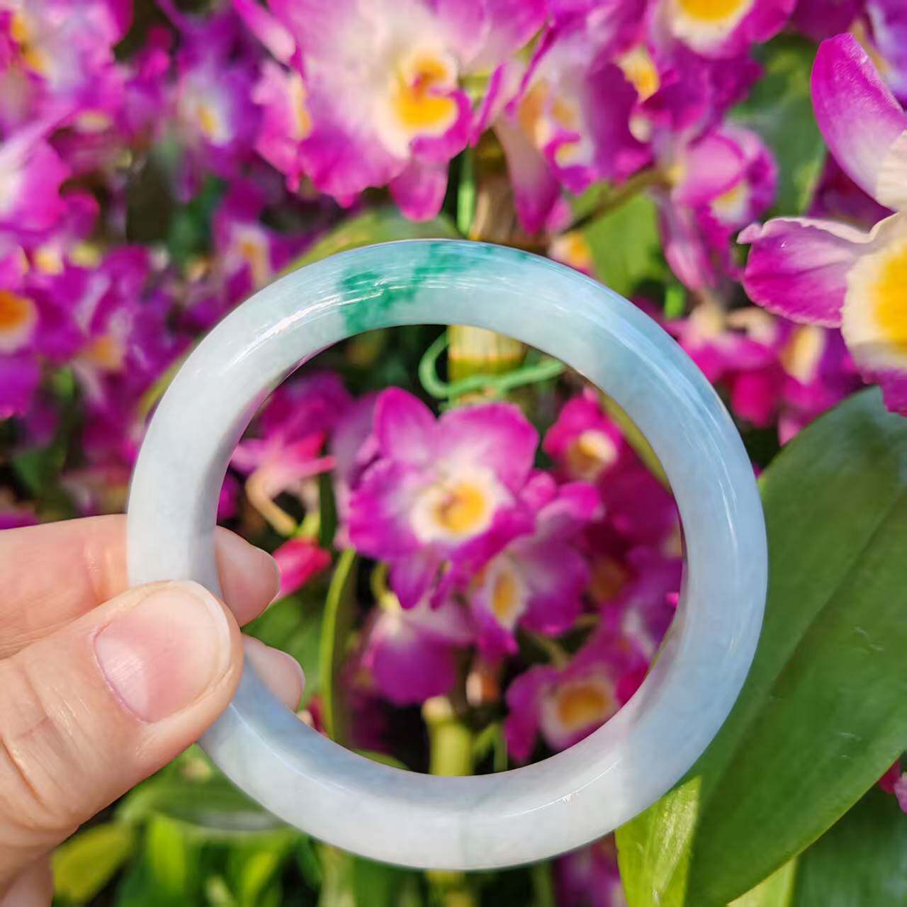 57圈缅甸料细糯种飘花翡翠手镯A货正品天然正圈玉手镯送女友妈妈