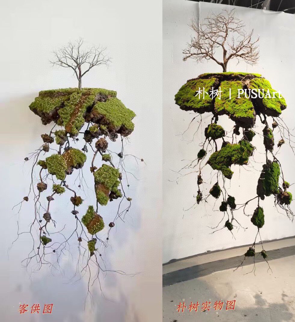 朴树新中式悬浮石松树苔藓植物树酒店会所售楼处橱窗角落景观制作