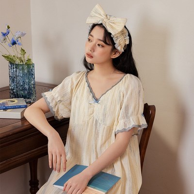 自带胸垫 透气吸汗夏季竖纹y短袖棉纱睡裙少女A类纯棉睡衣家居服