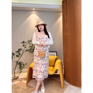 两件套 温柔风气质韩系吊带胖mm连衣裙蕾丝套装 肉卷家微胖大码 女装