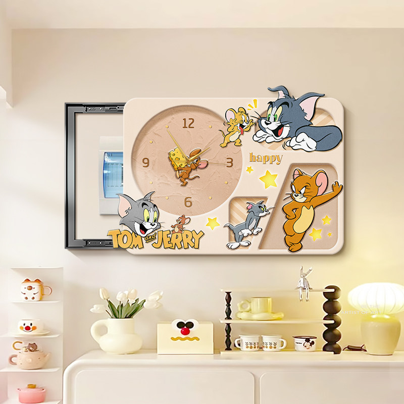 猫和老鼠电表箱装饰画带钟表卡通动漫配电箱挂画奶油风弱电箱遮挡图片