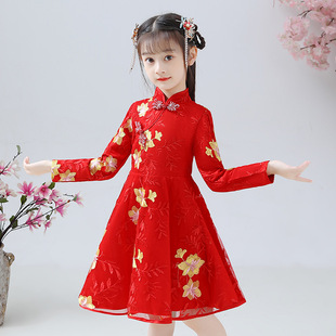 女童旗袍公主裙兒l童中國(guó)風(fēng)連衣裙演出禮服新年拜年唐裝 春秋冬裙