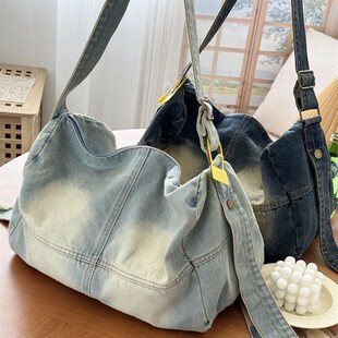 韩版 百搭随性通勤单肩斜挎包 复古做旧慵懒甜酷水洗牛仔包小众时尚