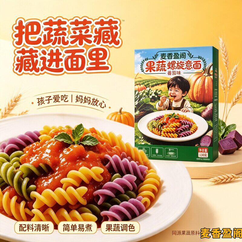 果蔬螺旋意面番茄味三色儿童营养蔬菜面条带酱包孩子爱吃麦香