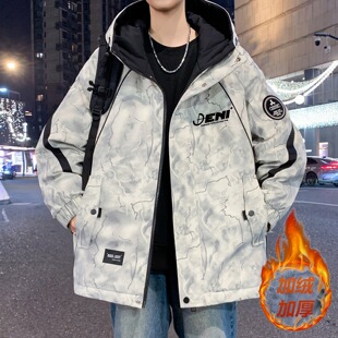外套秋冬季连帽加绒加厚夹克男15冲锋衣青少年扎染工装褂子男装16