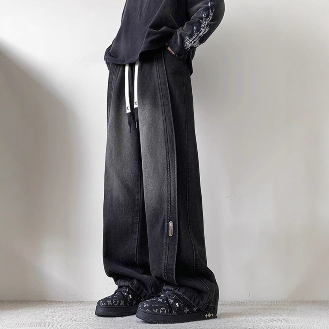 弯刀牛仔裤男款秋季美式高街水洗裤子大码潮牌宽松直筒男士阔腿裤