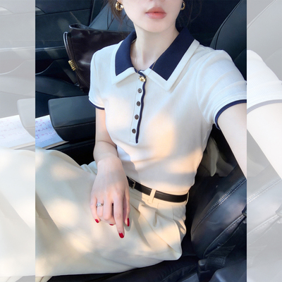 白蓝拼色翻领针织纽扣修身短袖T恤女2026夏季独特漂亮巨好看上衣