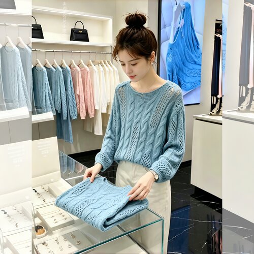 秋冬蓝色绞花宽松套头灯笼袖针织衫早秋装女2026新款打底毛0930d