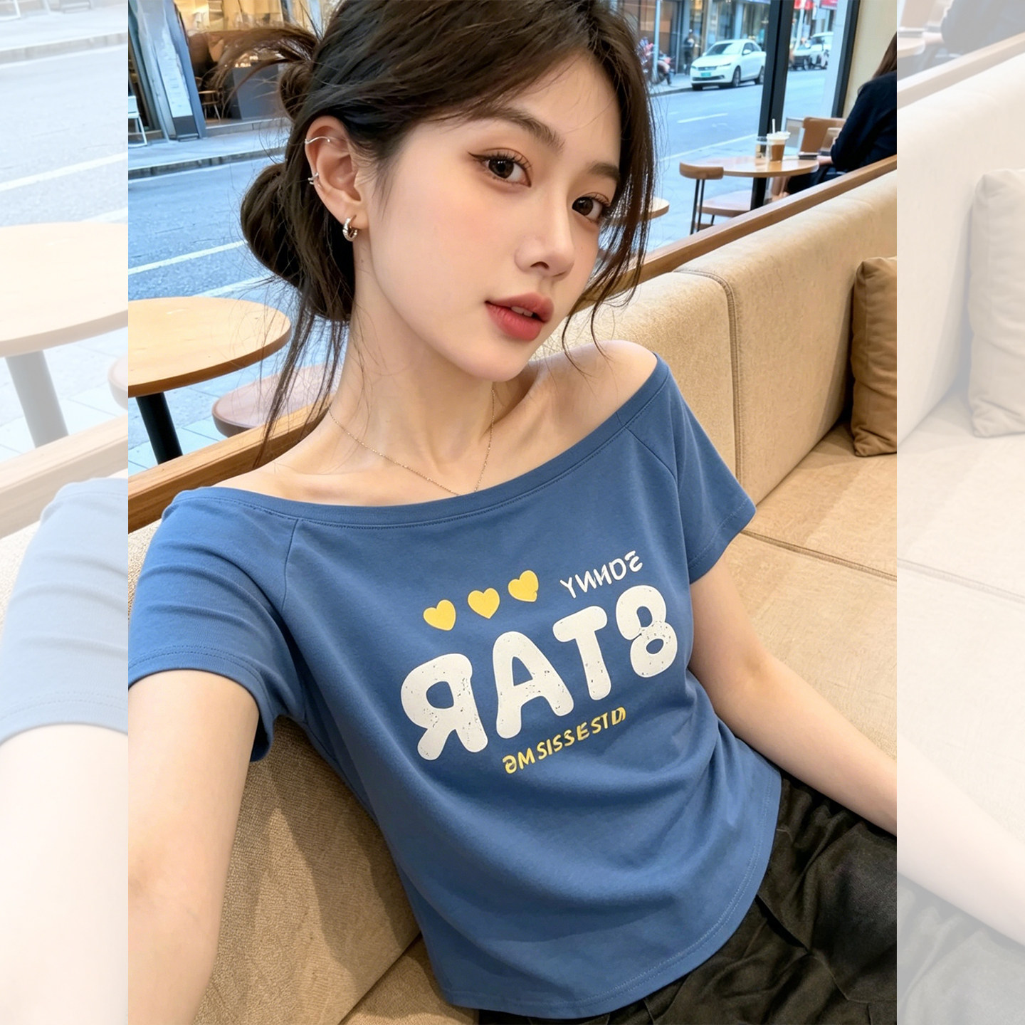 夏季宝蓝色出游穿搭露肩显瘦短袖T恤女2026新款海边度假休闲0527z