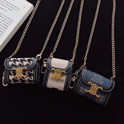 经典潮大牌凯旋门斜挎挂绳适用苹果蓝牙无线耳机包AirPods pro奢华airpods 1/2/3/4代保护套女高级感布面