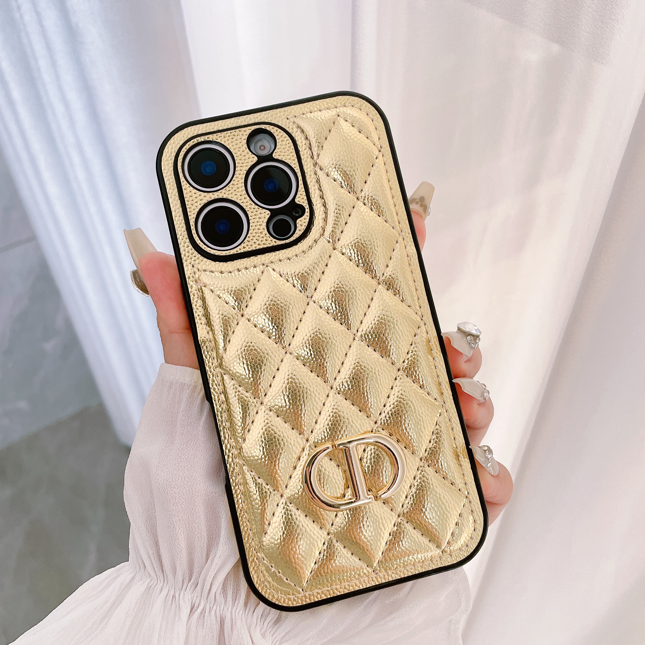 新款潮牌CD鱼子酱菱格适用苹果16promax手机壳iPhone15男女14pro皮质13全包12情侣plus防摔保护套简约个性软