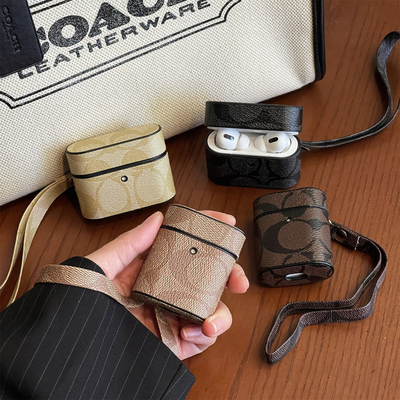 新款潮牌高级感老花适用苹果无线蓝牙耳机AirPods pro二代AirPods 1/2/3/4代高档大牌皮质全包防摔挂绳男女