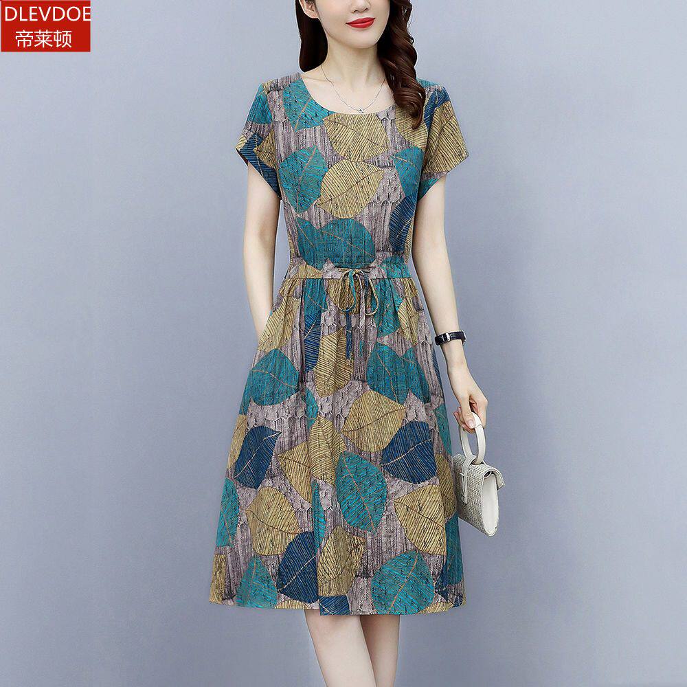 棉麻连衣裙女2021夏天新款短袖裙子中长款时尚碎花休闲收腰a字裙