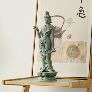 饰 创意莲台菩萨佛像摆件青砂石工艺品家居客厅佛堂供奉自在观音装