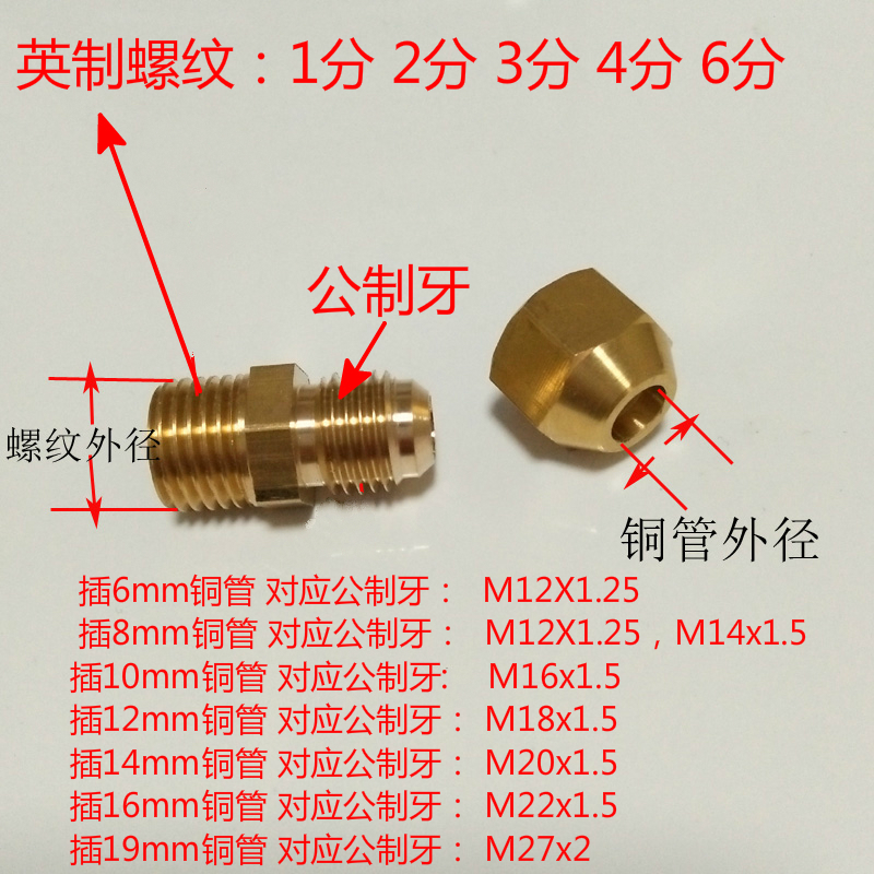 铜外丝扩口接头铜管接头喇叭口索母制冷铜管接头1分2分3分4分6分