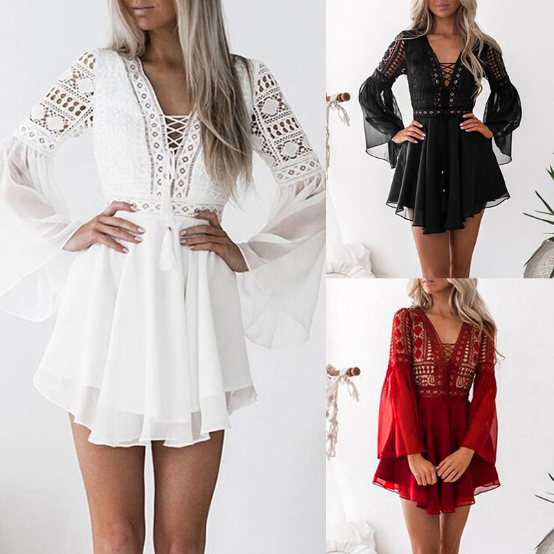 Beach Mini Dress Lantern Ruffle Women Party Vintage Dress